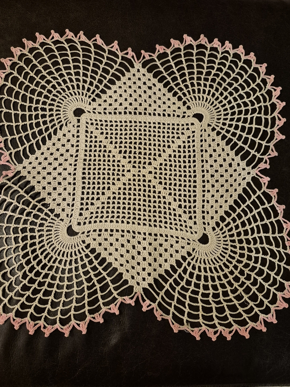Vintage Handmade Crochet Doily in Ecru with Pink Trim